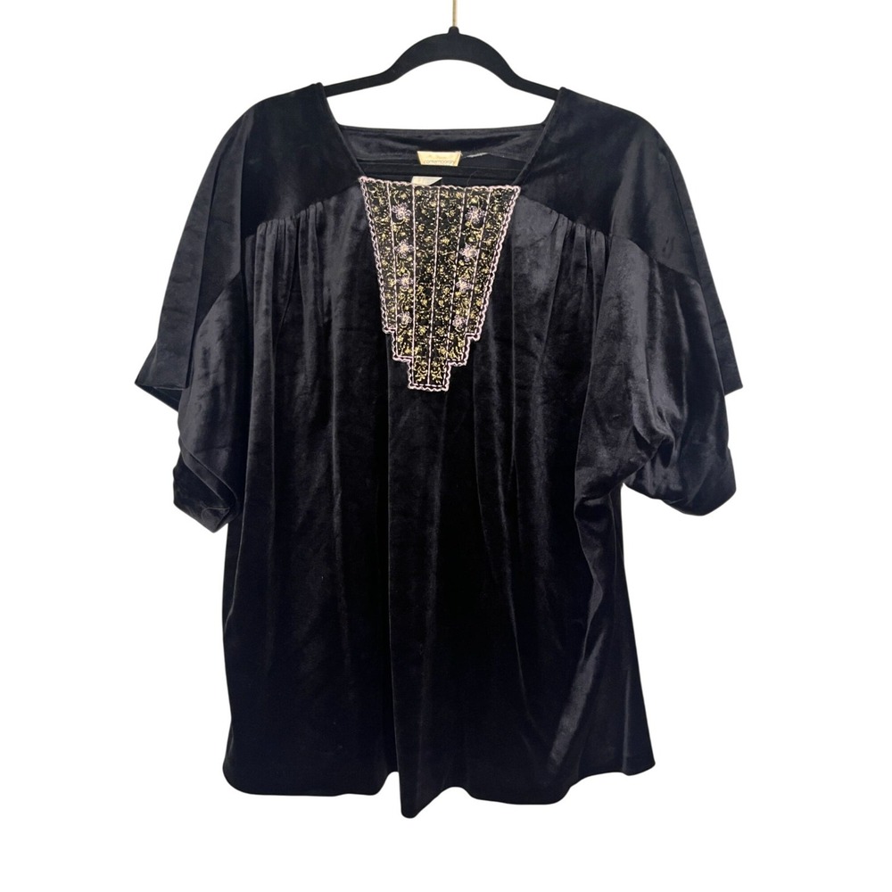 Vintage Floral Velvet Top Black L Boho Hippie Indie Folk Classic Chic Embroidery